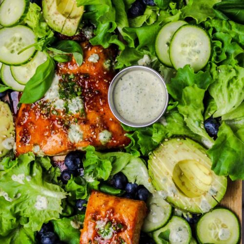 Honey Garlic Salmon Salad Served on a Board Mom Under Pressure