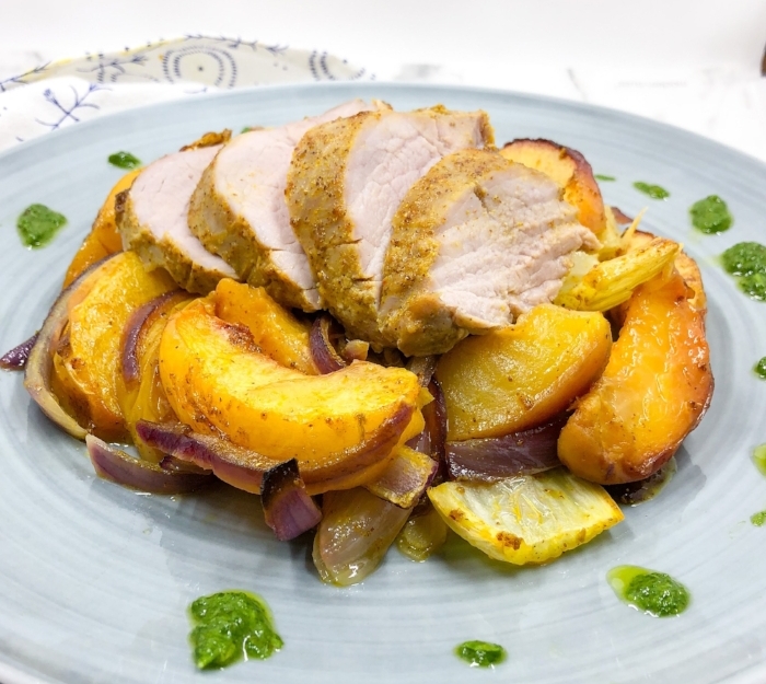 Sheet Pan Pork Tenderloin and Peaches with Arugula Pistou Mom Under Pressure